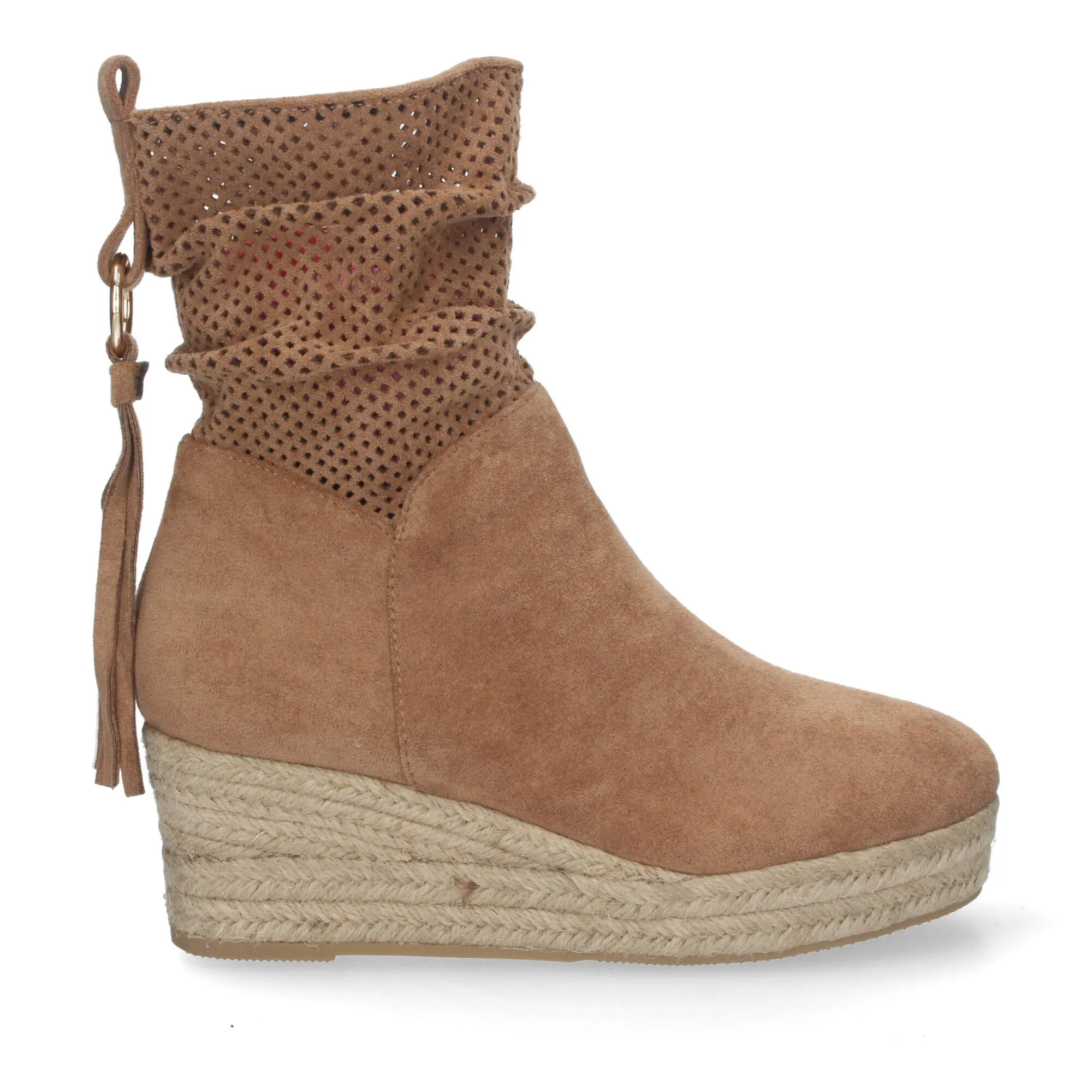 Botines de cuña en yute y caña calada para mujer color camel A-3234