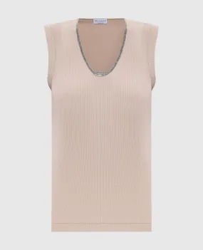 Brunello Cucinelli Beige ribbed top with monil chain