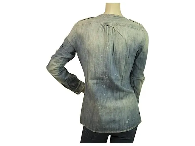 Dolce & Gabbana DSquared Blue Denim Camisa de mujer con botones sin cuello y aspecto desgastado - SZ 40 Azul 