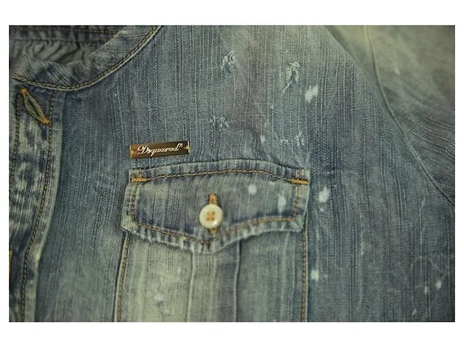 Dolce & Gabbana DSquared Blue Denim Camisa de mujer con botones sin cuello y aspecto desgastado - SZ 40 Azul 