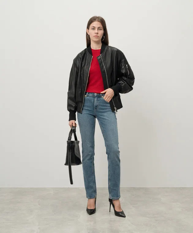Dondup Black leather bomber jacket with contrasting embroidery