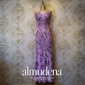 Vestido Lila Largo Tirantes Bordado Elegante